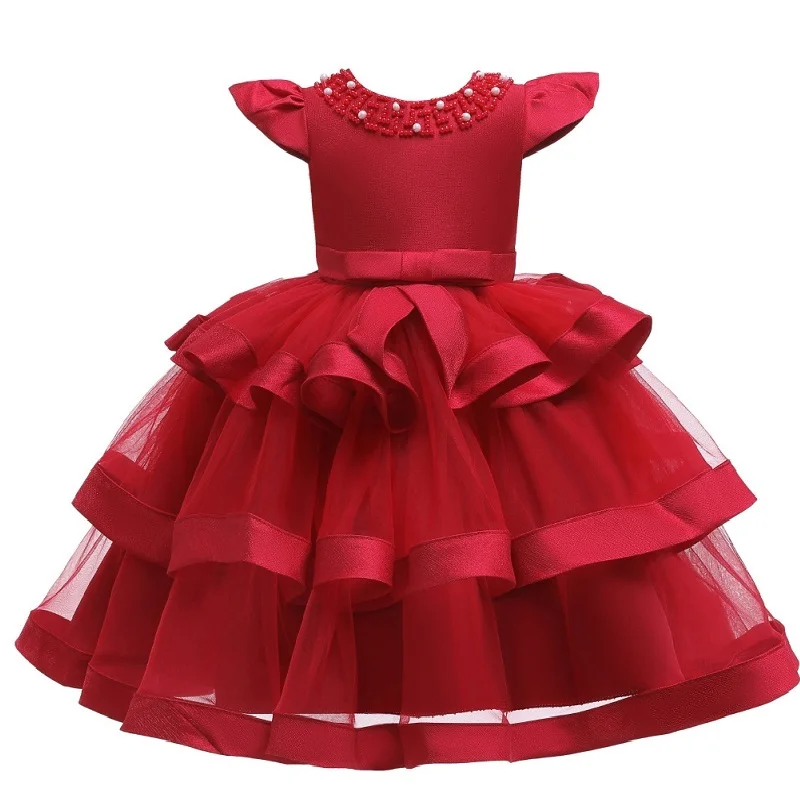 Элегантное нарядное платье с жемчужинами; платье принцессы для свадебной вечеринки для девочек; платье с цветочным узором для девочек; детская одежда; платье для церемоний - Цвет: Red