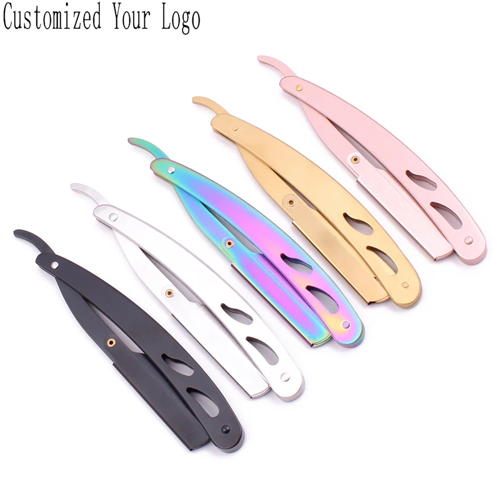 

100 Pcs Customized Logo Professional Barber Edge Steel Folding Shaving Knife Hair Removal Tools Shaving Razors + Blades C6102