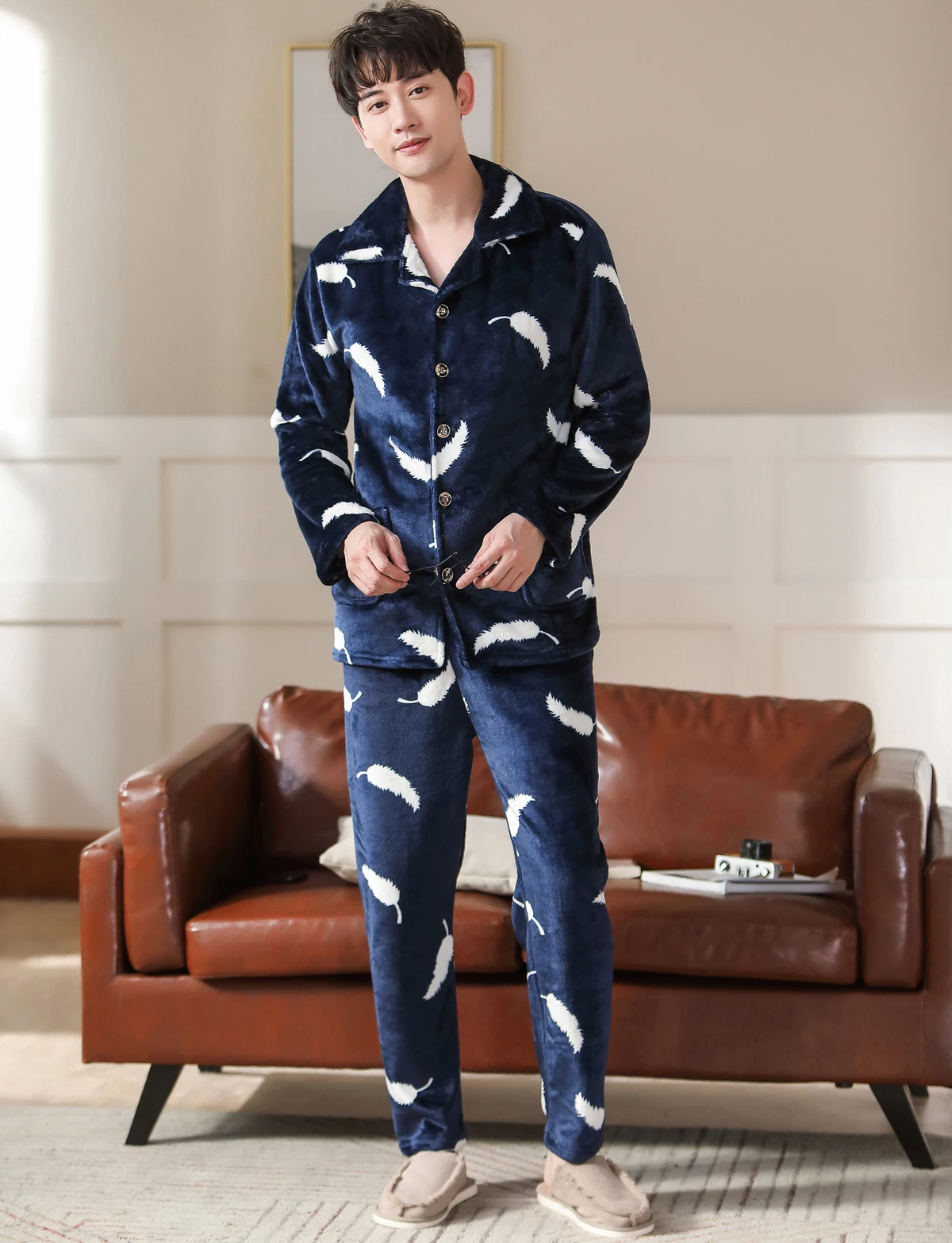 mens lounge wear Men's Winter Thicken Flannel Pajamas Sets Male Long Sleeve Pajamas Plus Size Pijama Sleepwear Homewear Teenager Casual Pyjamas plaid pajama pants Men's Sleep & Lounge