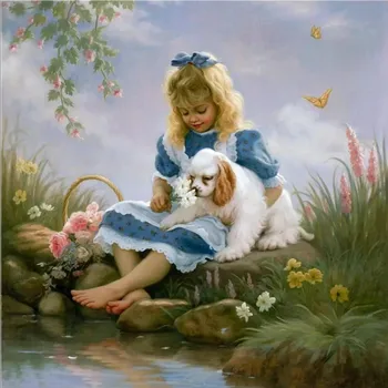 

Oil Painting Girl And Pet Dog Counted Cross Sewing Kits Needlework Crafts 14 ct DIY Art Handmade Home Decor