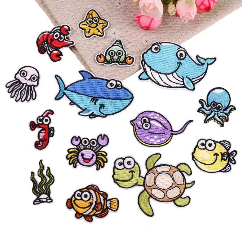 Fish Turtle Cartoon Sea Animals Embroidered Patches For Children Clothing Diy Applique Stickers Iron On Patche Badges Aliexpress