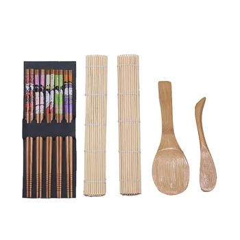 

5pcs/set Bamboo sushi maker set Including 2Pcs rolling mat rice spreader paddle 5Pairs chopsticks Cooking Tools