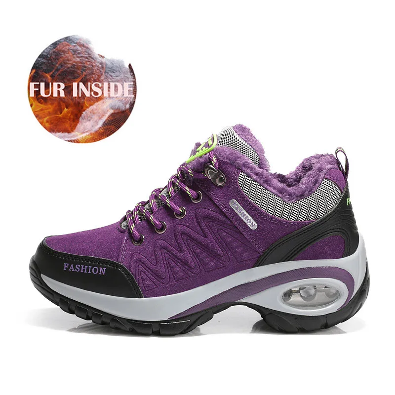Теплая плюшевая зимняя обувь для женщин; походная обувь; водонепроницаемые дышащие ботинки для треккинга; кроссовки; женская спортивная обувь для кемпинга - Цвет: purple with plush