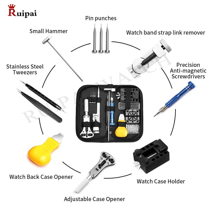 RUIPAI, 144 шт., инструменты для ремонта часов, задний Чехол, открывалка, пружинный стержень, штифт для ручного удаления, Horloge Gereedschap Reparatie, набор инструментов, чехол