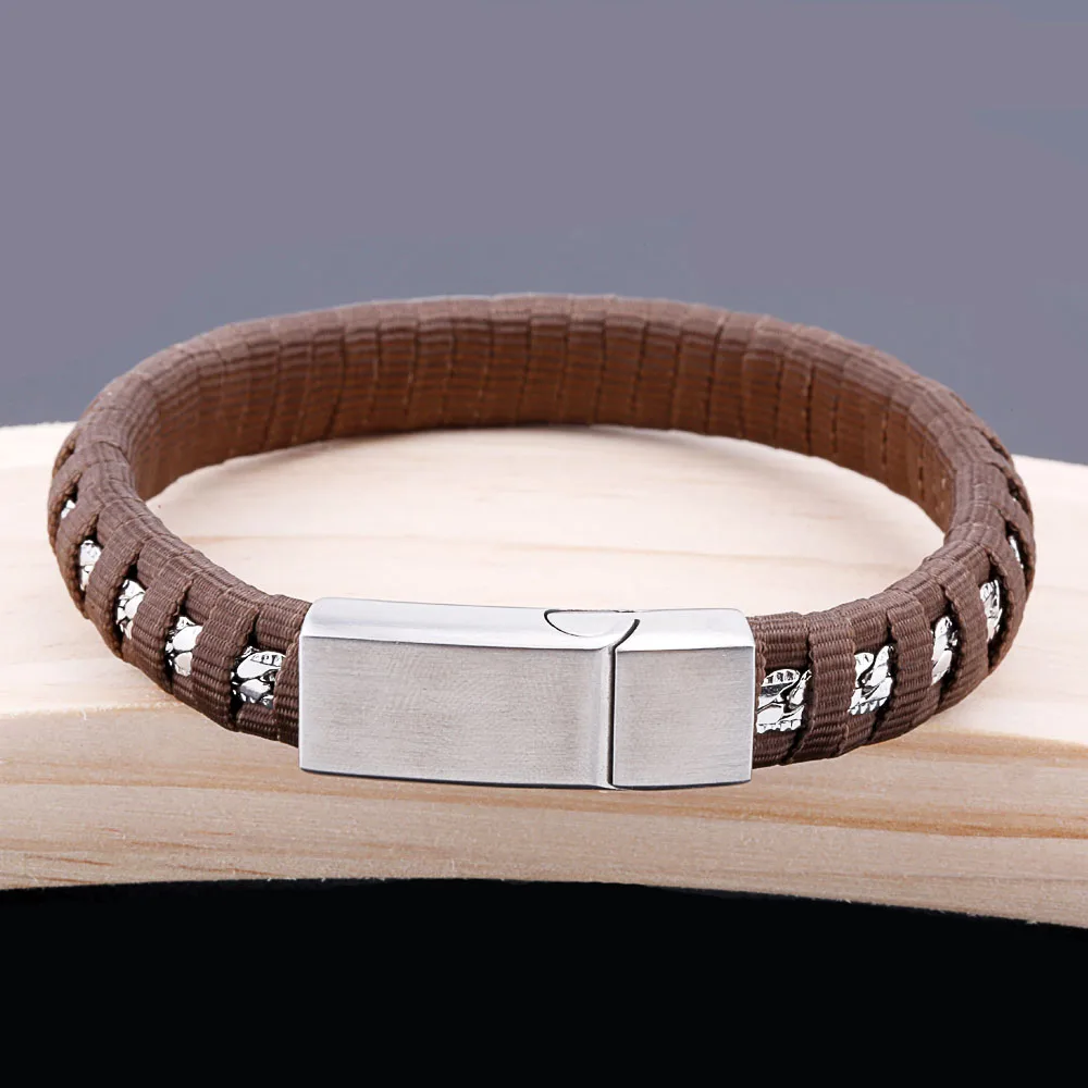 Мужской кожаный браслет в стиле панк, ручная работа, серебряная цепочка, нержавеющая сталь, коричневый браслет с магнитной пряжкой, можно настроить