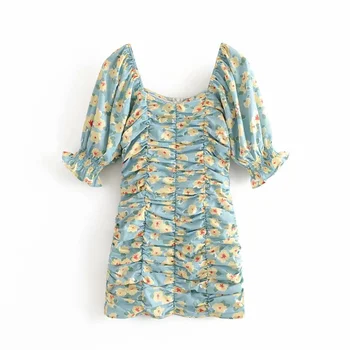 

2020 summer women's new literary fresh flower pattern square collar short sleeve slim pleated mini dress