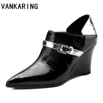 

brand fashion pumps genuine leather wedge ankle boots for women pointed toe western boots wedge high heels autumn winter botas