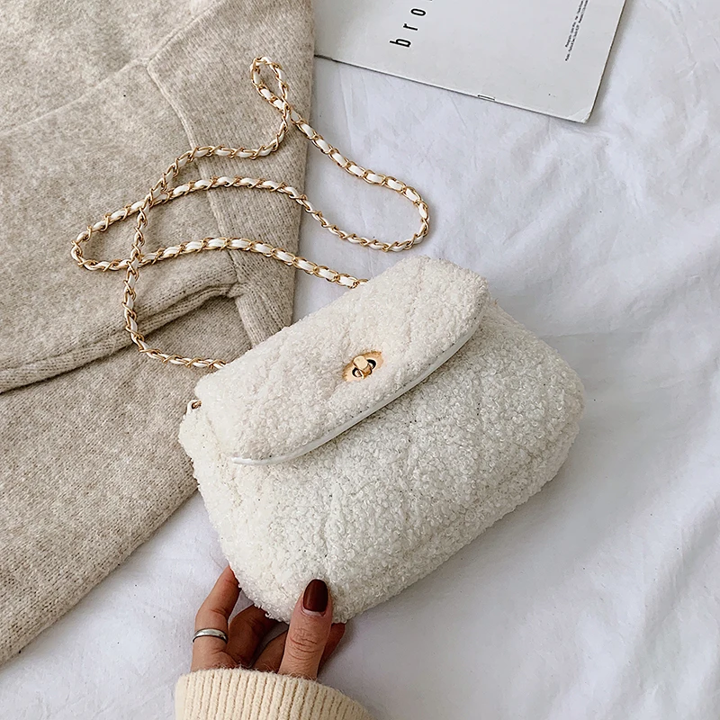 White Elegant Female Plaid Crossbody Bag Winter New Quality Soft Plush Women's Designer Handbag Lock Chain Shoulder Messenger Bag - Color: White