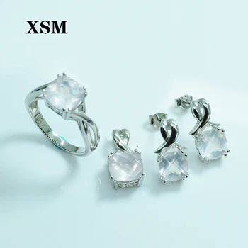 

XSM Jewelry Sets Natural Rose quartz Fine Jewelry sets silver 925 Rings pendant earring give friend the best Birthday gift box