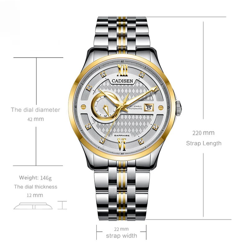 CADISEN Лидирующий бренд мужские часы MIYOTA 8217 автоматические механические часы светящиеся Роскошные модные дизайнерские часы из нержавеющей стали