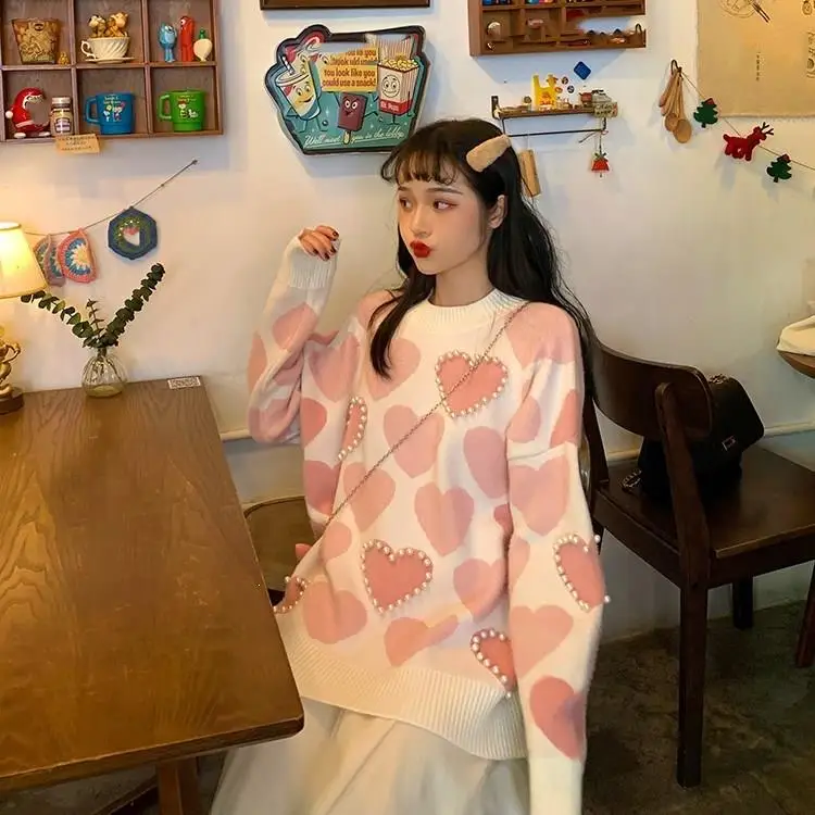 

Casual Faux Mink Cashmere Sweater Autumn Heart Print Jumpers Women Beaded Love Heart Jacquard Knitted Sweater