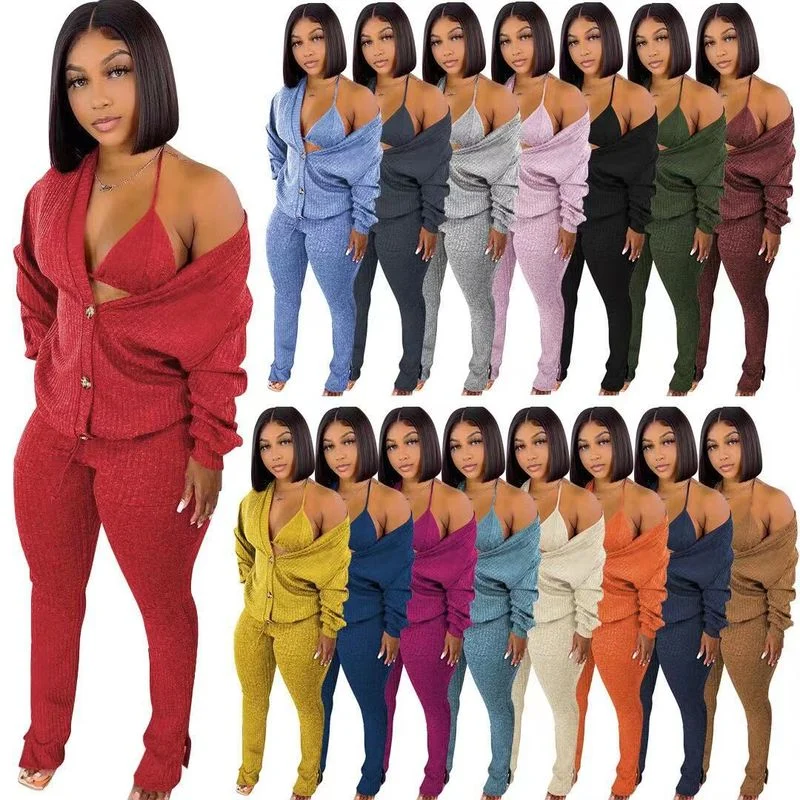 Woman 3 Three Piece Set Women Outfits Halter Bra Top+single Breasted Long Sleeve Cardigan+bodycon Split Hem Trouser Matching Set women s pants suit set woman 3 pieces pants and top three piece women s suit solid color casual business single breasted suit