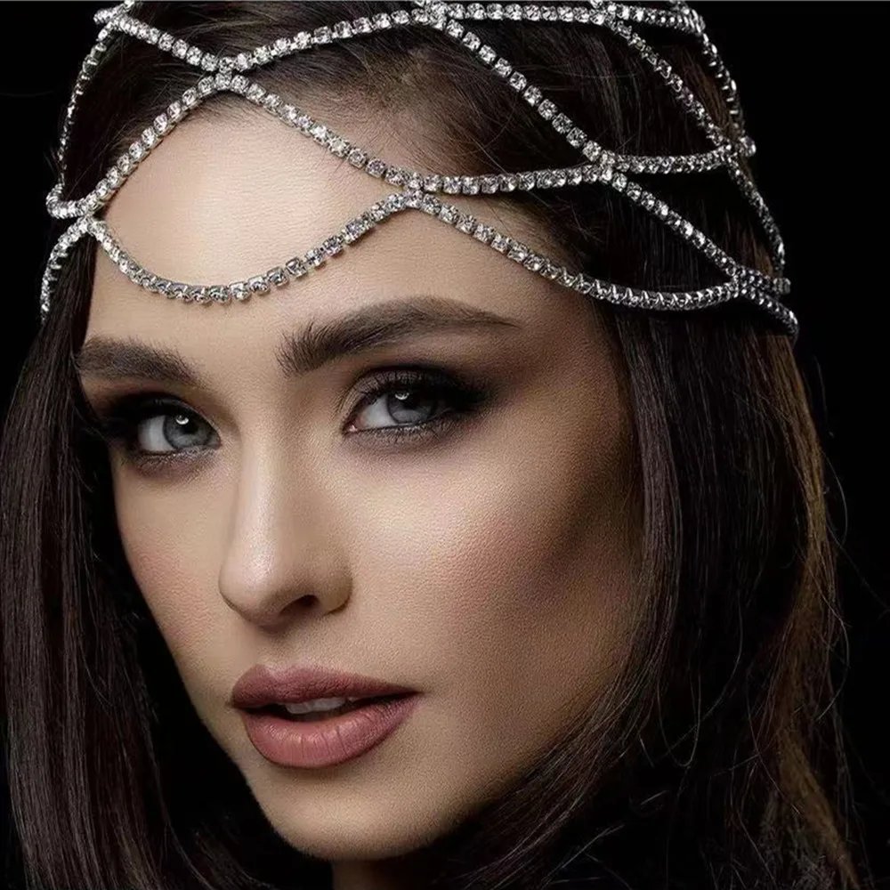 2021 Hollow Rhinestone Mesh Headpiece Wedding Head Chain Jewelry for Women Luxury Crystal Headband Head Cap Hat Hair Accessories