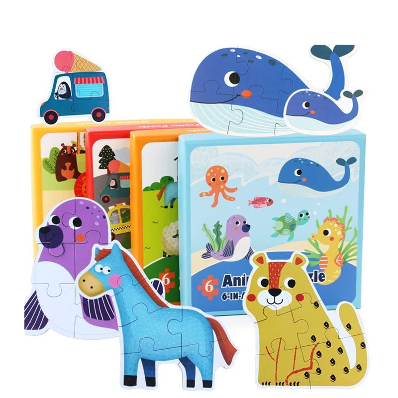 6 в 1 картонная коробка 36 шт. животные/автомобиль деревянные игрушки-паззлы для детей Пазлы 3D для детей обучающий подарок