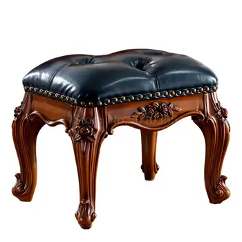 

American stool home living room square stool European carved leather stool sofa coffee table stool shoe bench