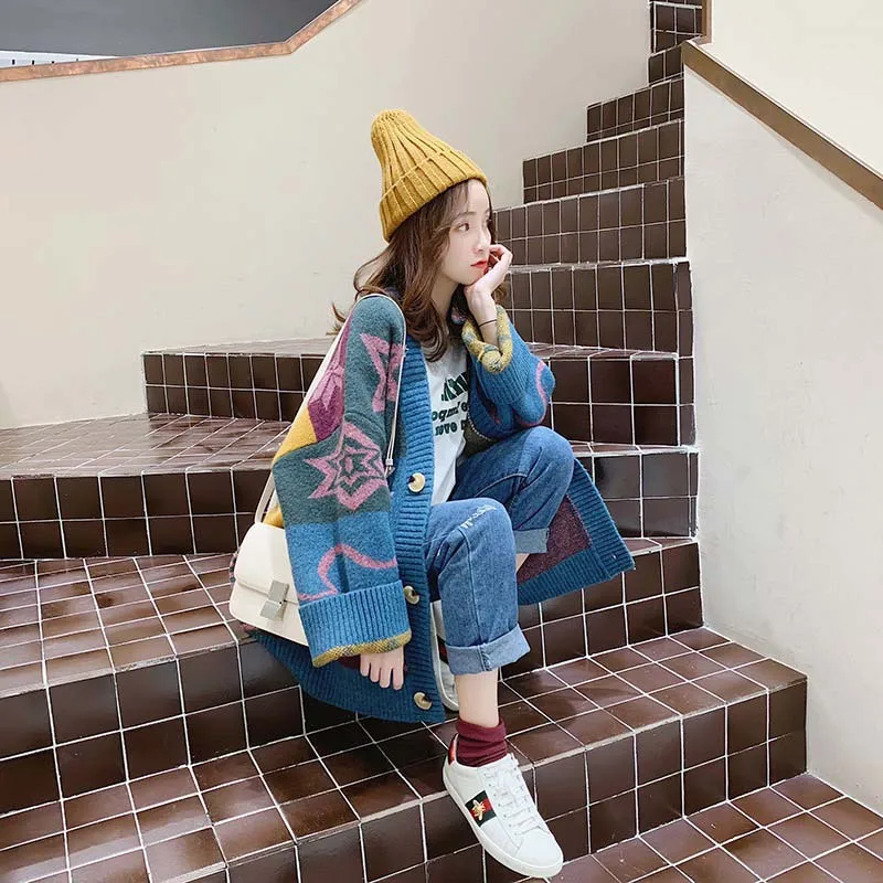 Европейская мода, женский длинный свитер, кардиганы, Vneck Vinatge, повседневные вязанные Джемперы, длинное Вязанное пальто, Модный женский свитер