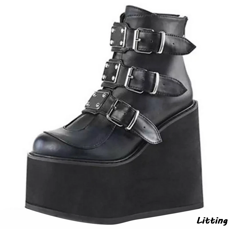 2020 Winter Metal Buckle Ankel Boots Women Punk Female Platform Wedges High Heel PU Botas Mujer Plus Size | Обувь