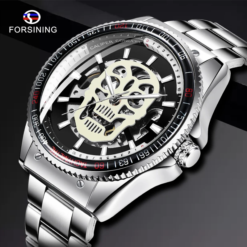 

Forsining Skull Luminous Hands Steampunk Fashion Design Mens Skeleton Watch Top Brand Luxury Mechanical Steel Sport Wrist Watch