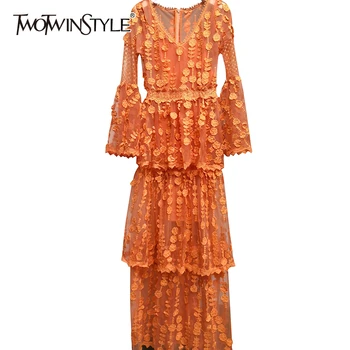 

TWOTWINSTYLE Casual Embroidery Women Dress V Neck Flare Long Sleeve High Waist Ruffle Hit Color Dresses For Female Clothing Tide