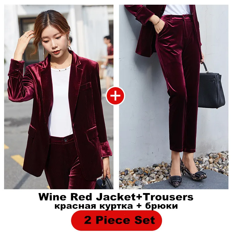 Женский пиджак золотого цвета, бархатная куртка, пальто для женщин, зима, новая Корейская версия, темперамент, офисный Женский блейзер, костюм ow0530 - Цвет: wine red pant suit