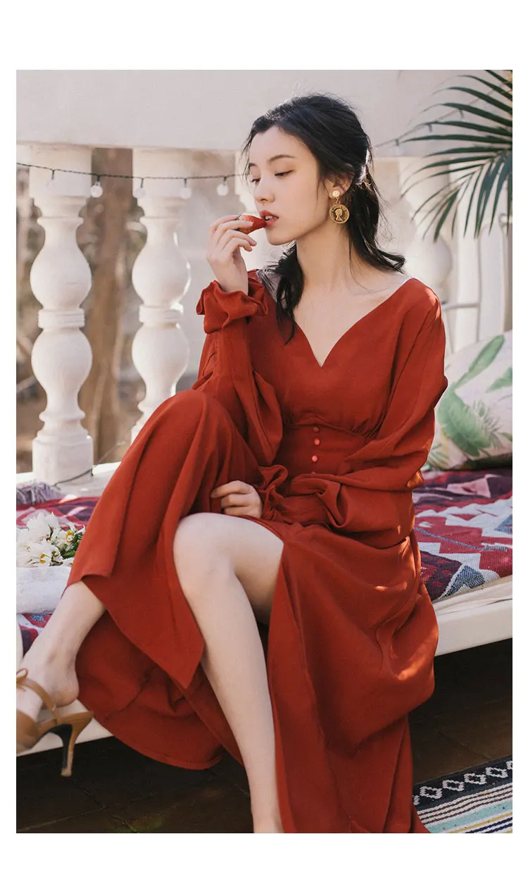 Винтажное французское красное длинное платье для тонкой Леди Ретро глубокий v-образный вырез фонарь рукав Принцесса Платья повседневные женские Fladas Vestidos