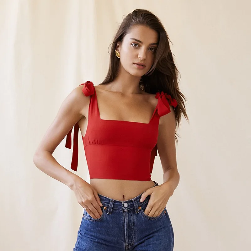 

Sexy Slim Fit Bow Crop Tops For Femalewomen Backless Cross Tank Top Lady Casual Sleeveless Slim Solid Short Top 2019 New