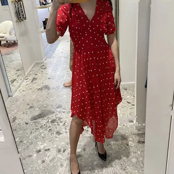 

Women Dress 2020 Spring and Summer New Elegant Polka Dot V-neck Waist Short Sleeve Irregular Dress