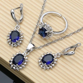 

925 Silver Wedding Earrings Jewelry Sets for Women 7 Color Topaz Sapphire Emerald Necklace Open Ring Trendy Party Dropshipping