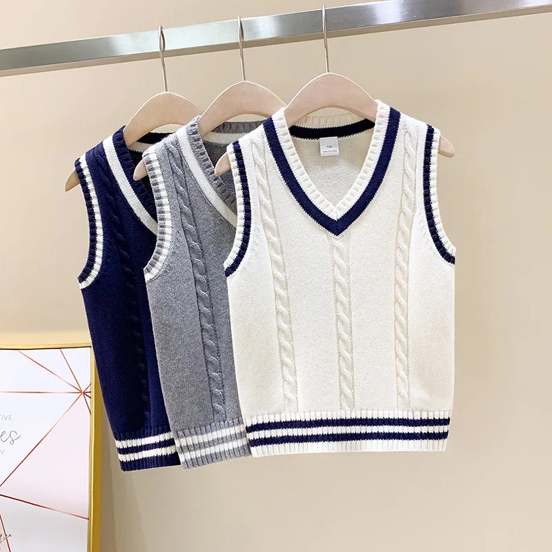 New Baby Kids Boys Waistcoat V-Neck Sleeveless Knitted Sweater Vest Uniform Pullover Top Autumn Clothes Solid Color