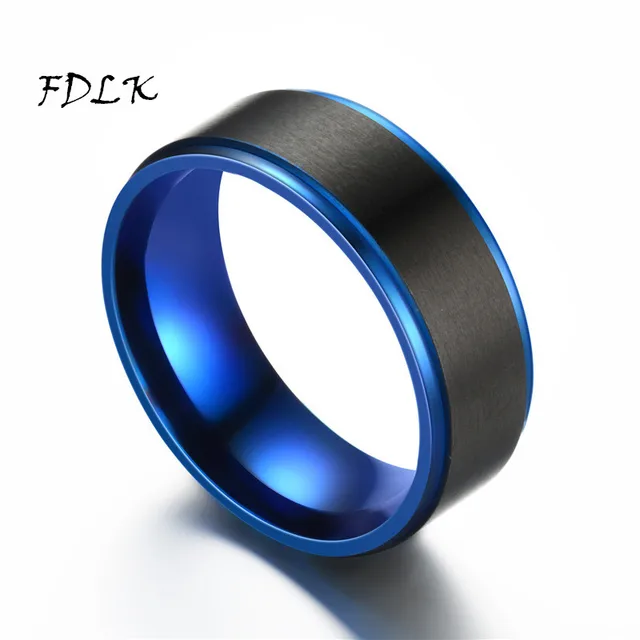 FDLK  Men's fashion 8MM Black Brushed Ladder Edge Stainless Steel Ring Blue Groove Men Wedding Ring Gifts For Men Style 4