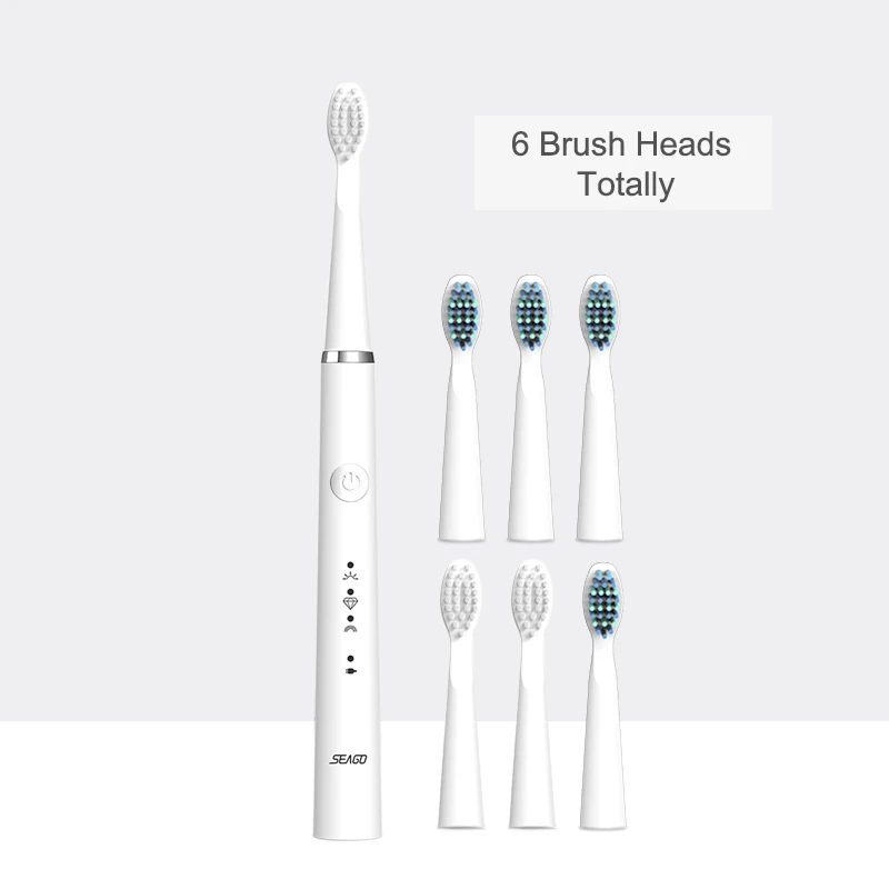 SEAGO новая звуковая зубная щетка перезаряжаемая электрическая зубная щетка обновленная автоматическая зубная щетка для взрослых с 6 головками - Цвет: White-6 heads