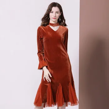 

Dress Women Fall and Winter 2019 New V-Neck Ruffles Trumpet Flare Sleeve Gold Velvet Warm Sexy Party Wear Caramel Color Fashion