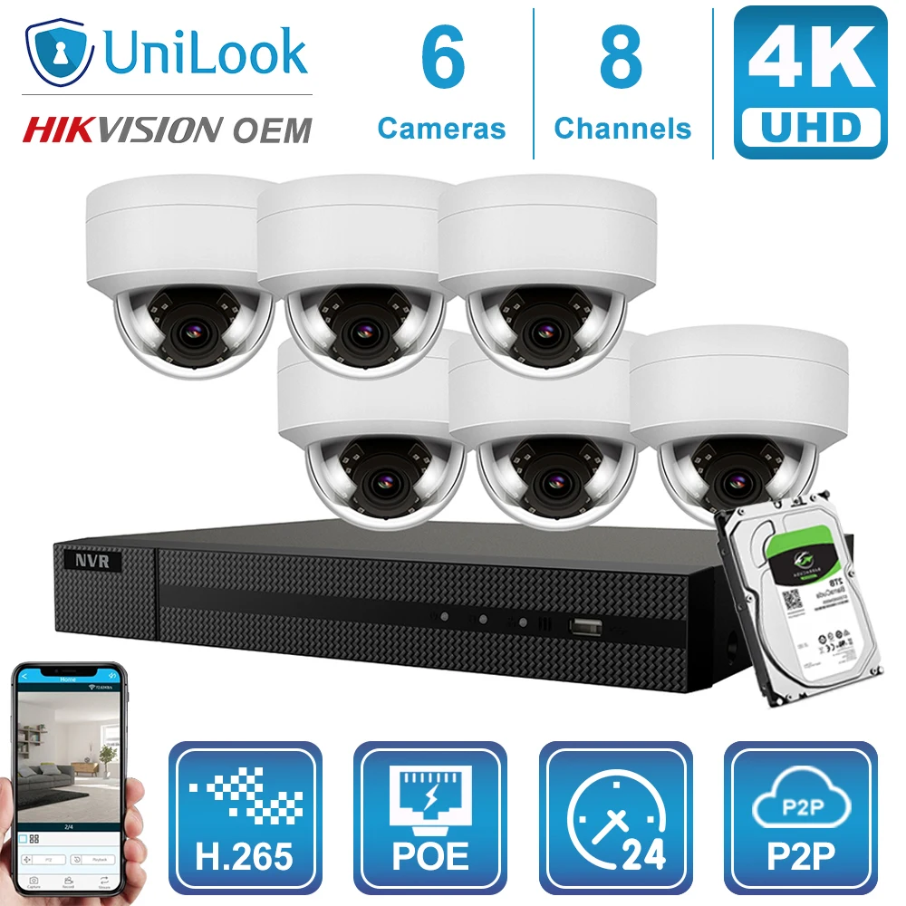 Hikvision OEM 4K 8CH NVR 8MP POE IP Камера 4/6/8 шт. комплект открытый системы безопасности ONVIF H.265 CCTV NVR Kit с 1/2/4 ТБ HDD