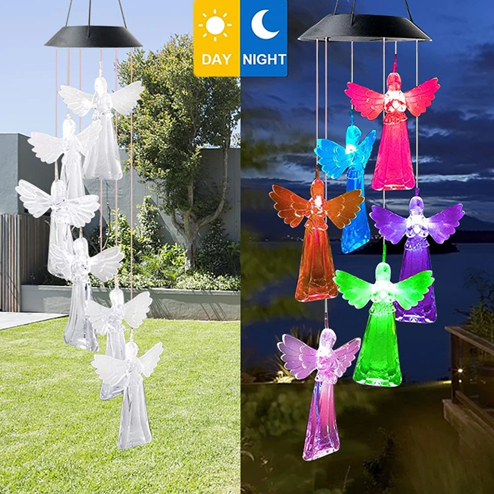 Color Changing Solar Power Wind Chime Hummingbird Angel Butterfly Waterproof Outdoor Decoration Light for Patio Yard Garden solar lights