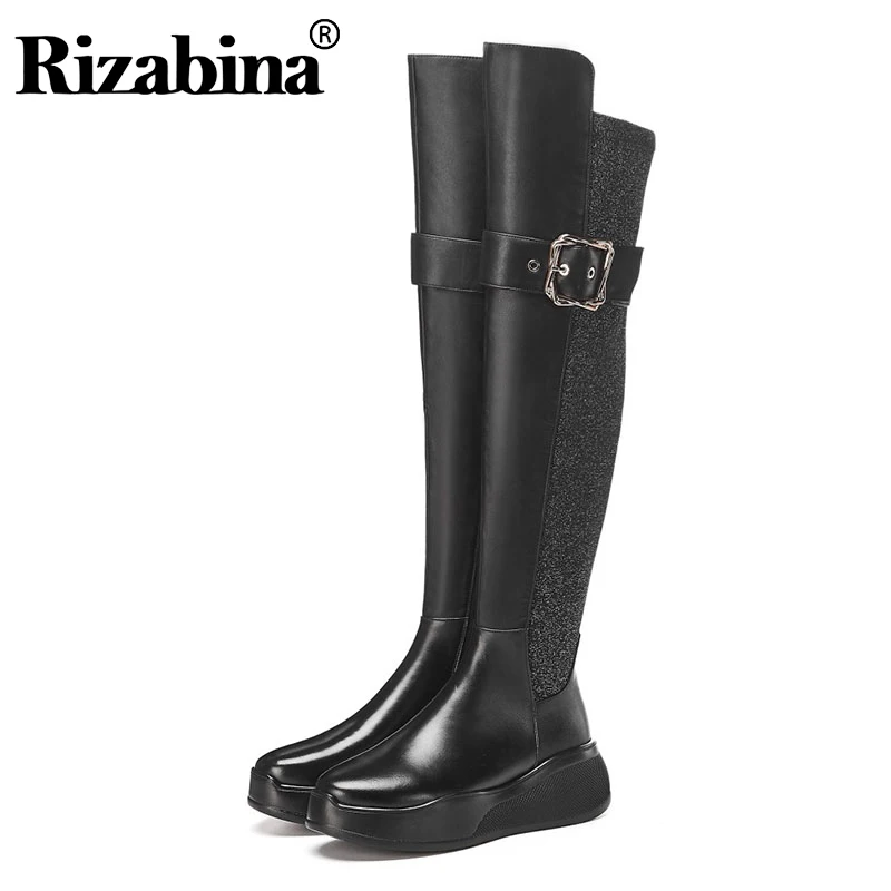 

RIZABINA Thick Bottom Genuine Leather Thigh High Boots For Women Buckle Round Toe Over The Knee Boots Women Shoes Size 34-39