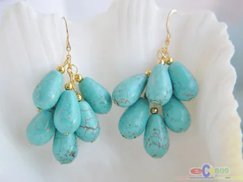 

S1530 14mm blue drip green turquoise bead grape dangle earring