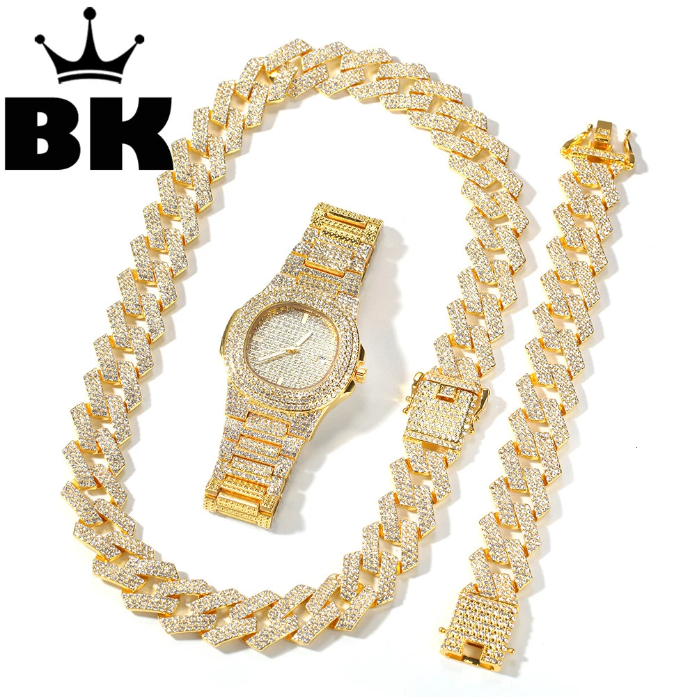 2cm Hip Hop Gold Color Iced Out Crystal Cuban Chain Gold Silver Necklace & Bracelet & Watch Set HOT SELLING THE HIP HOP KING 2cm Hip Hop Gold Color Iced Out Crystal Cuban Chain Gold Silver Necklace & Bracelet & Watch Set HOT SELLING THE HIP HOP KING