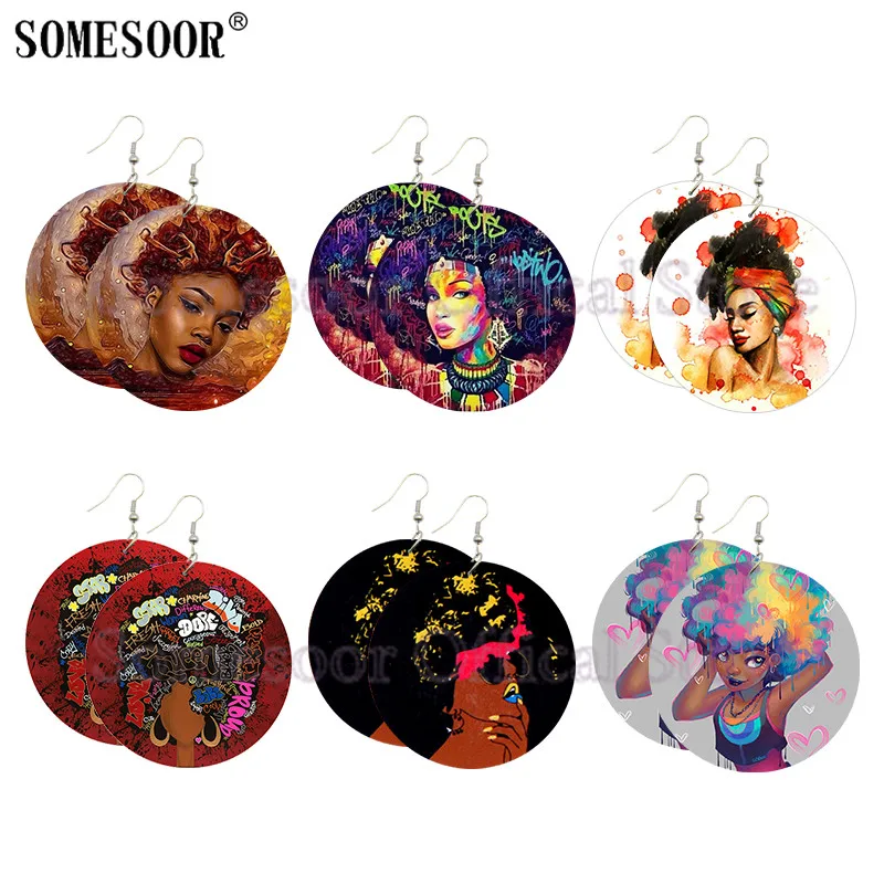 SOMESOOR Printed Diva Comic Afro Queen Wooden Drop Earrings African Natural Hair Graffiti Art Design Dangle Jewelry For Women | Украшения и