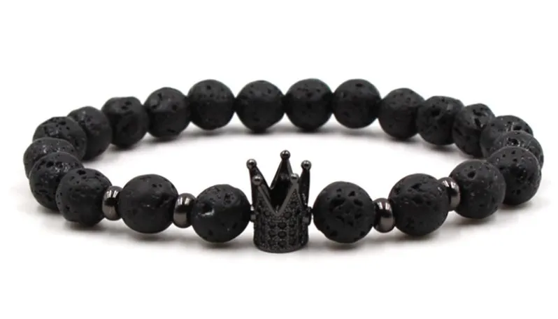 8mm zg53 elastic adjusted nature Frosted agate Onyx black stone volcanic lava micro pave Crown cz cubic zirconia Bracelet