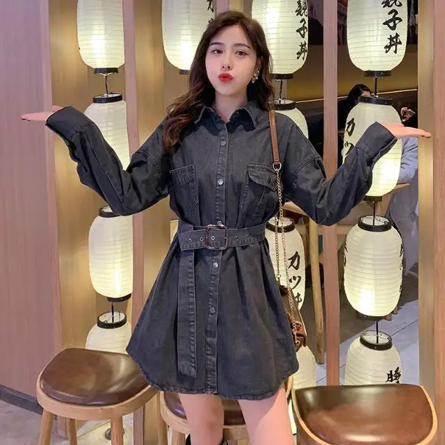 

2020 Spring and Autumn New Loose Lapel Mid-Length Long-Sleeved Denim Shirt Jacket Women