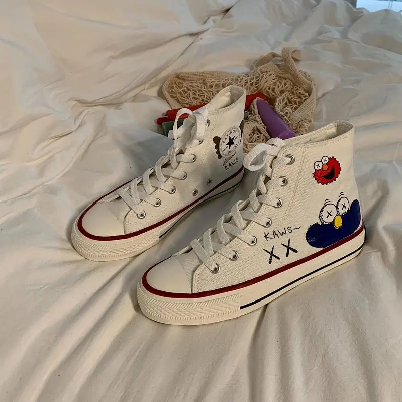 

White Shoes Student Korean-style Versatile 2019 New Style Autumn INS Shoes Women's Tennis Red Graffiti Hight-top Canvas Shoes