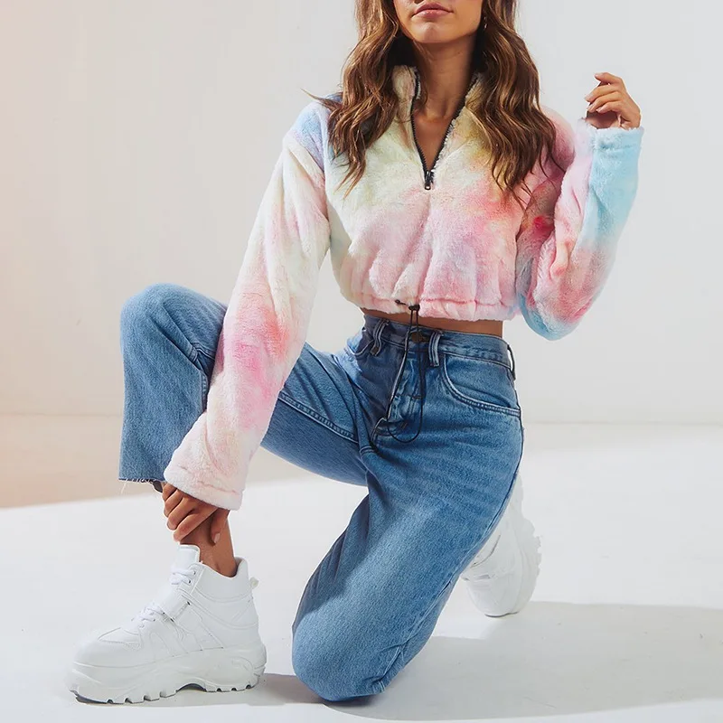 

BKLD Fluffy Hoodies Zip Casual Women Drawstring Crop Top Sweatshirt New 2019 Autumn Tie Dye Women Clothes Long Sleeve Sweatshirt
