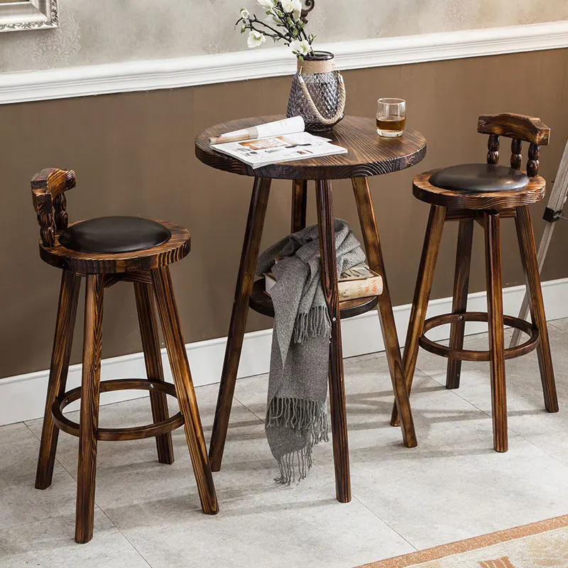 Table and Chair Set Американский Ретро Барный стул стол и стул набор высокий стул спинка стул вращающийся твердый деревянный кожаный стул легко установка - Цвет: Table and Chair Set