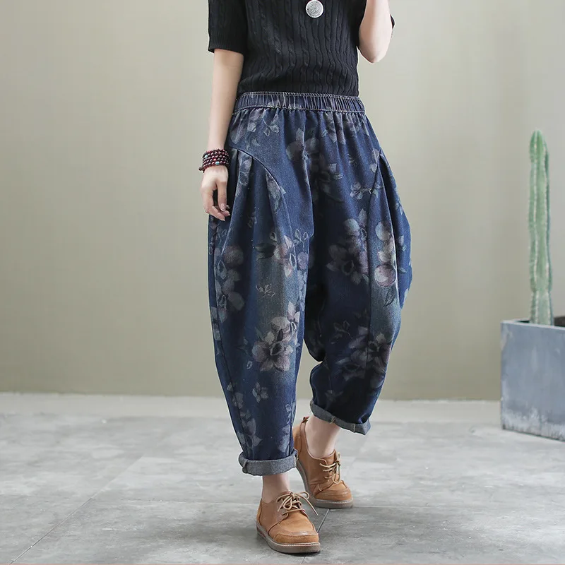 

Vintage Dark Blue Flower Printing Jeans For Women Loose Harem Pants Female 2020 Spring New Design
