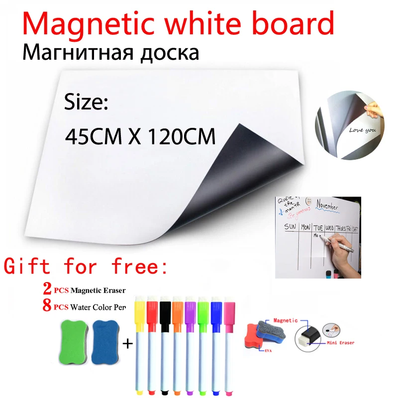 Magnetic WhiteBoard Fridge Magnets Dry-erase Calendar Kids School Board Memo White Size 45CMx120CM Gift 8 Pen and 2 Eraser |