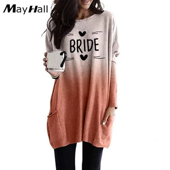 

Fashion T-Shirt For Women BRIDE Letters Print Gradient Long Sleeve Pocket T-Shirt Women Female Tops Streetwear Plus Size