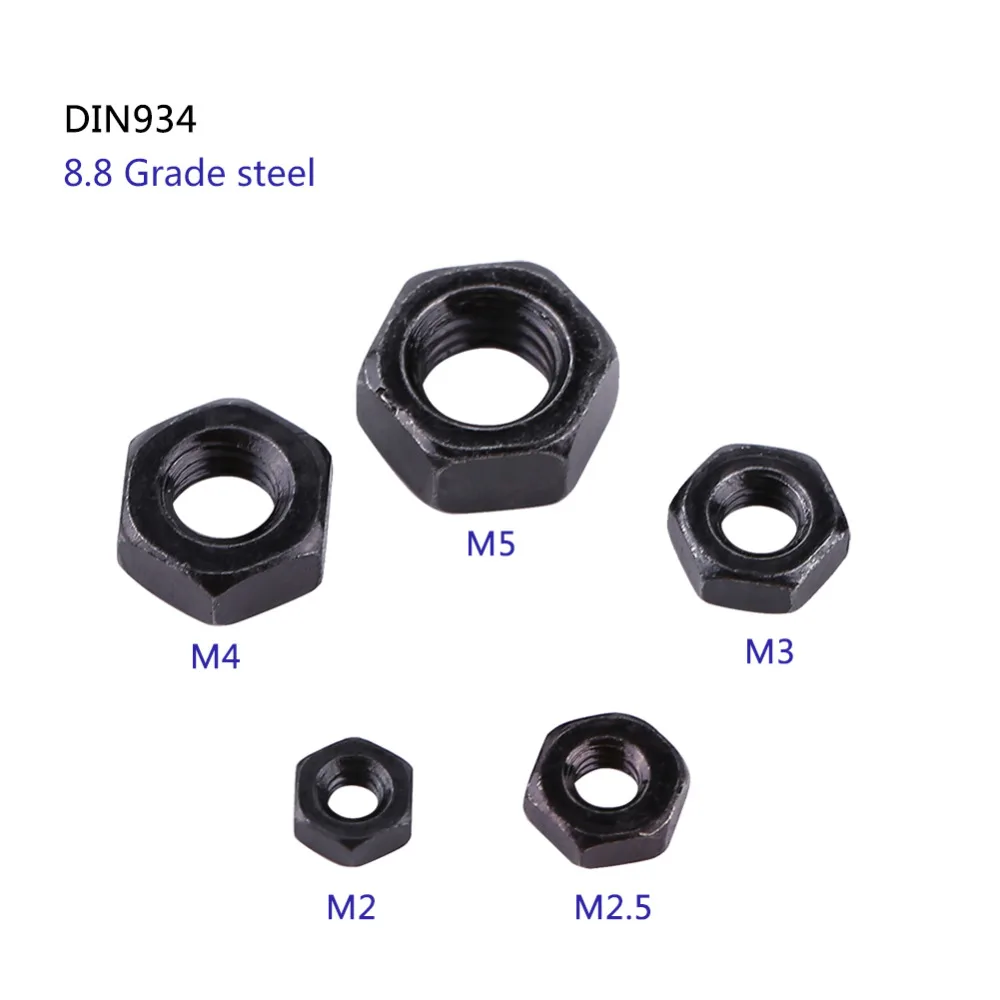 100pcs/pack Hex Nuts Black Zinc Plated Carbon Steel Nut Metric Thread Hex Nuts M2-M5