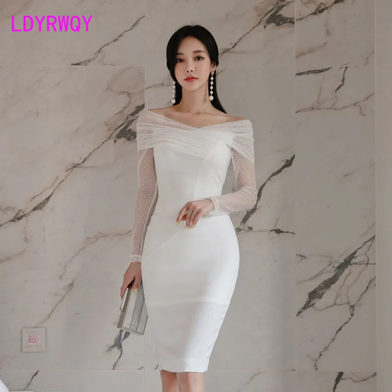 2019 Korean fashion ladies temperament sexy shoulder lace stitching slim pack hip dress Knee-Length  Zippers  Lace  Full