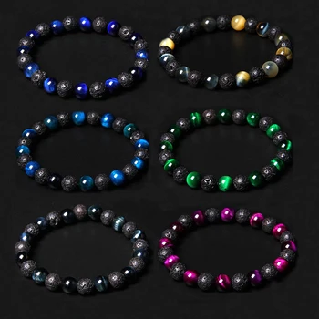 

Men volcanic stone tiger eye natural gem stone beads beaded bracelet jewelry for male healing energy lava stone beads bracelets
