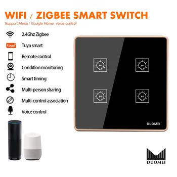 

x86 4 Gang Wifi/Zigbee Smart Light Switch Glass Touch Panel Voice Control Wireless Wall Switches Remote with Alexa Google Home